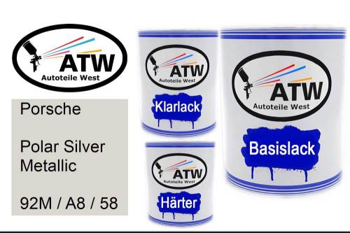 Porsche, Polar Silver Metallic, 92M / A8 / 58: 1L Lackdose + 1L Klarlack + 500ml Härter - Set, von ATW Autoteile West.
